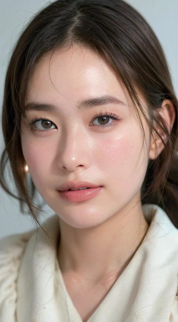  ((Extremely precise and accurate ???????:1.0)), (Highest quality realistic skin textures:1.6),Round face shape、Soft impression,Big eyes、Natural facial expression that looks like blinking,Double eyelid and eyelash detail,
Thin eyebrows、眉毛はNatural Shape、Eyebrows above the eyes、Natural eyebrow arch、eyes are shining brightly、The eyes look lively、Pupil size and color are natural、Eyes contribute to an attractive appearance、Natural shadows and highlights around the eyes、Expressing the three-dimensional effect around the eyes、Fine lines around the eyes and eyelid creases、Achieve a realistic look、The mouth is soft, Smiling face、Plump lips、Lips are natural color、Beautiful teeth alignment、Natural Shape、laughing、The corners of the mouth turn up、Elegant smile、Makes skin smooth and radiant、Skin texture is natural、Moderate expression of pores and fine wrinkles、Healthy skin color、Add natural shadows and highlights to the skin for a three-dimensional look、Natural skin tone、Skin appears healthier and brighter、Considering shadows and lighting conditions from light sources、Expressing the three-dimensionality of the face from the light source、The light source envelopes the entire face in soft light.、The light source creates natural shadows、Use light reflections and highlights、Enhances skin radiance and eye brightness、The background is simple、Choose colors and patterns that complement your facial features、No obstructions around the face、Background color and brightness、Adjusting your face to enhance it、