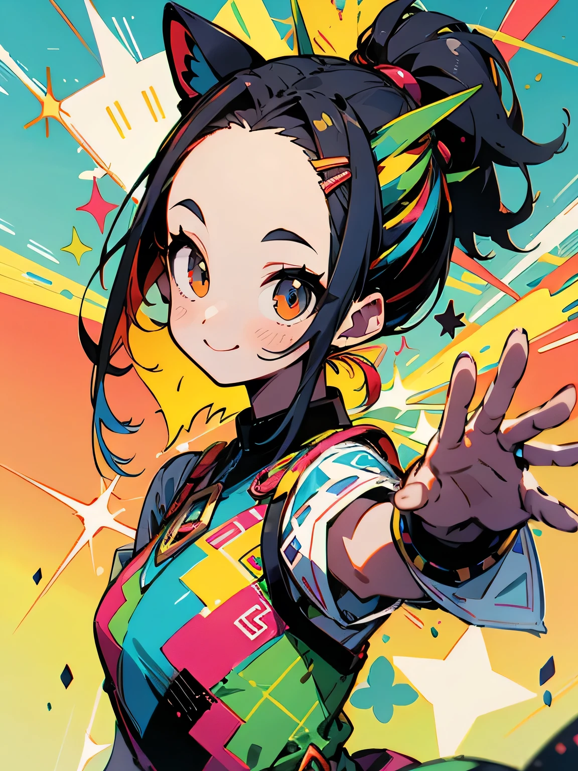 sideview,(looking at viewer),solo,multicolor blue red ponytail hair,big forehead, Enchanting chest, big smile, Summer attractive Stylish colorful flare dress,(jumping pose), resort, cute image design background,close up face,