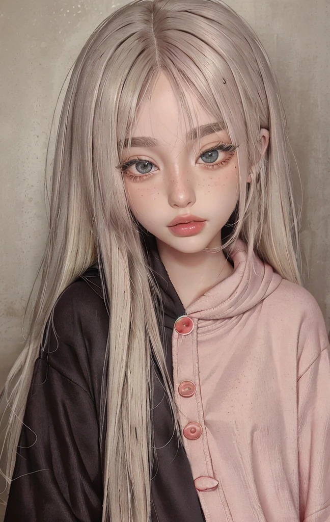 Eyes: Round hazel eyes with dark rims. Nose: Button nose with a small freckle. Lips: Thin with a natural coral tint. Hair: Long, straight platinum blonde hair. Skin: Fair with a rosy undertone, Fleece-lined hoodie dress