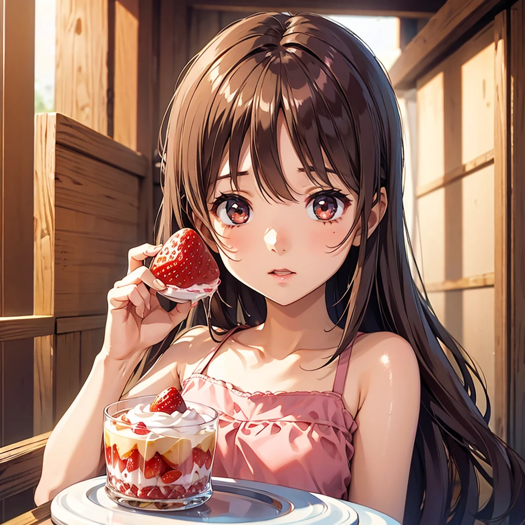 High resolution、Girl eating strawberry parfait。So cute！Too dry！