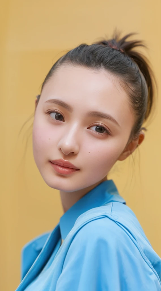 ((Extremely precise and accurate anatomy:1.0)), (Highest quality realistic skin textures:1.6),Round face shape、Soft impression,Big eyes、Natural facial expression that looks like blinking,Double eyelid and eyelash detail,
Thin eyebrows、眉毛はNatural Shape、Eyebrows above the eyes、Natural eyebrow arch、eyes are shining brightly、The eyes look lively、Pupil size and color are natural、Eyes contribute to an attractive appearance、Natural shadows and highlights around the eyes、Expressing the three-dimensional effect around the eyes、Fine lines around the eyes and eyelid creases、Achieve a realistic look、The mouth is soft, Smiling face、Plump lips、Lips are natural color、Beautiful teeth alignment、Natural Shape、laughing、The corners of the mouth turn up、Elegant smile、Makes skin smooth and radiant、Skin texture is natural、Moderate expression of pores and fine wrinkles、Healthy skin color、Add natural shadows and highlights to the skin for a three-dimensional look、Natural skin tone、Skin appears healthier and brighter、Considering shadows and lighting conditions from light sources、Expressing the three-dimensionality of the face from the light source、The light source envelopes the entire face in soft light.、The light source creates natural shadows、Use light reflections and highlights、Enhances skin radiance and eye brightness、The background is simple、Choose colors and patterns that complement your facial features、No obstructions around the face、Background color and brightness、Adjusting your face to enhance it、