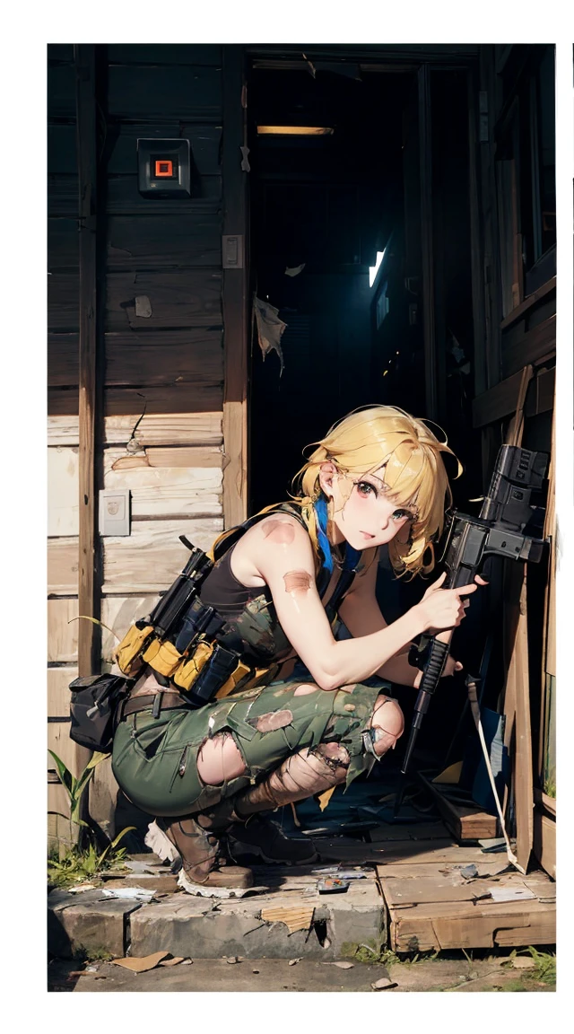 masterpiece, Nikke, goddess of victory character, (battle android model), female character android, (wearing jacked with straps, cargo pants, military vest), (holding weapon), action pose, battle damage, (visible (damaged:1.5) electrical (android parts:1.3)), (wallpaper, screensaver) The body of a normal person (ordinary or ordinary face), high-definition quality, details beyond imagination, vivid chromaticity, natural light and shadow, bursting appearance, vivid and lively, displayed from multiple angles, showing real texture, blurring the background, focusing on the subject, creating a vivid and natural feeling. tabletopRPG、high-detail、((tchibi:1.2)、Fairy Sniper Night、Sniper rifle lance with a thin and long barrel、outside of house、various colors、thick arms、Thick armored cover thighs、Reinforced armored body、Slim Massive)、Incolor White、Crouching,in fighting