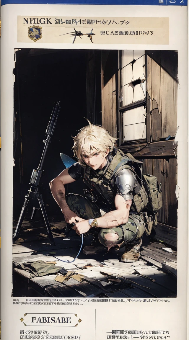 masterpiece, Nikke, goddess of victory character, (battle android model), female character android, (wearing jacked with straps, cargo pants, military vest), (holding weapon), action pose, battle damage, (visible (damaged:1.5) electrical (android parts:1.3)), (wallpaper, screensaver)　The body of a normal person　(ordinary or ordinary face), high-definition quality, details beyond imagination, vivid chromaticity, natural light and shadow, bursting appearance, vivid and lively, displayed from multiple angles, showing real texture, blurring the background, focusing on the subject, creating a vivid and natural feeling.  tabletopＲＰＧ、high-detail、(（tchibi：1.2）、Fairy Sniper Night、Sniper rifle lance with a thin and long barrel、outside of house、various colors、thick arms、Thick armored cover thighs、Reinforced armored body、Slim Massive)、Incolor White、Crouching,in fighting