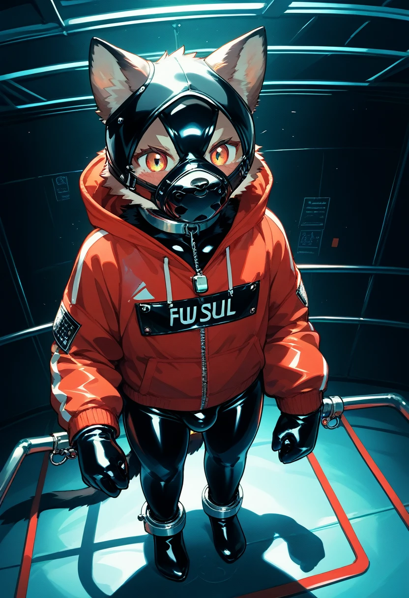 Highest quality, Highest quality, High quality illustrations, masterpiece, Ultra-high resolution, Detailed Background, In the cage, Absurd, Perfect Anatomy, performance, Good lighting, Shadows in the movies(kemono, Furry Personifi猫ion), Black cat, Dark Skin, Rubber suit, Rubber suit, latex, neon, neonライト, neonカラー, Black rubber spats, Rubber Hoodie, Rubber mask, ribbon, Embarrassing, Null bulge, Both hands are restrained with shackles, first round, Lock, Prisoner, male, juvenile, from above