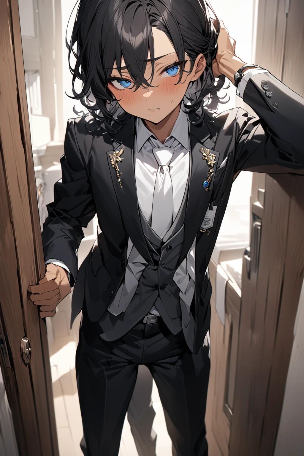 (( straight face picture )) ((best quality)), (Masterpiece)), (details), ( Beautiful colors ) ( ornamentation ) ( see the whole body ) young man , Tanned skin , black hair ,blue eyes ,Shoulder-length hair ,Slightly curly hair , open forehead , wearing a black suit ,white tie , Wear a white doctor's coat , , Have a rosary in hand , Whole body image