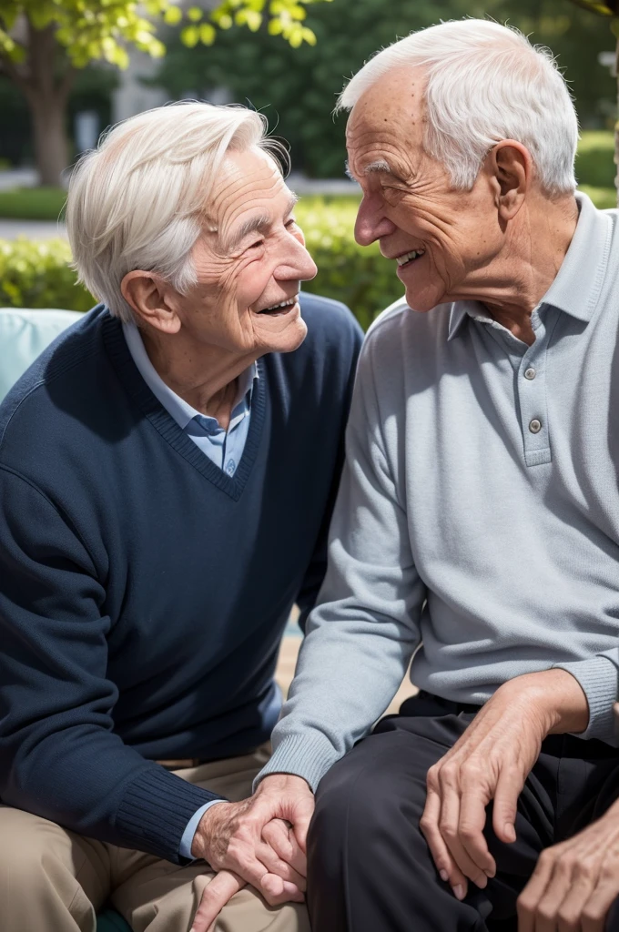 A touching photo of a young man talking to an elderly man, both smiling and exchanging ideas. The image should capture a moment of genuine connection, with a simple and cozy background, like a park or a living room, that enhances closeness and positive interaction.