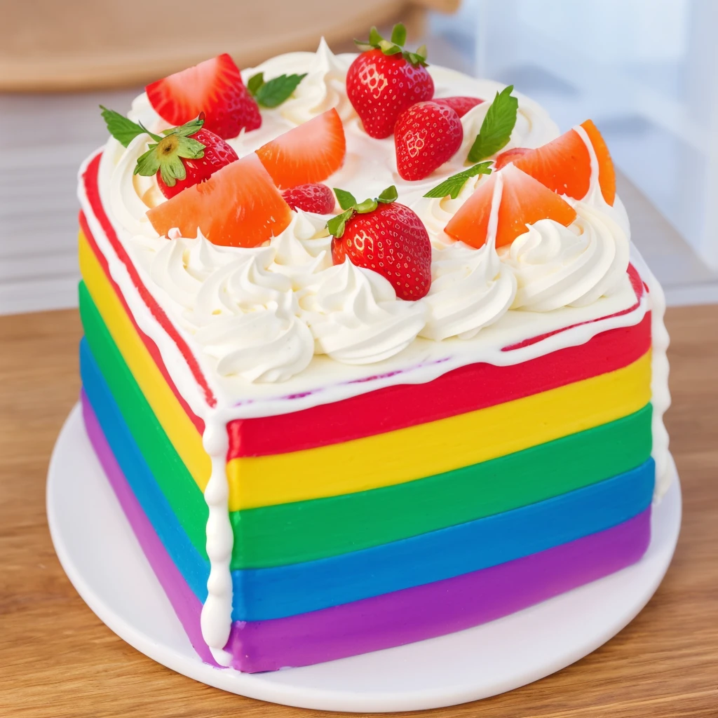 on a wooden table, on a porcelain plate, a tiny cream rainbow cake, with cream lines drawn on its edges, white cream swirls, tiny strawberries, oranges and watermelon slices made of polymer clay on the cake, window light, bright lights, soft light, window light, professional lighting, light from the window, neat light, realistic texture, realistic style, detailed texture, high quality, high resolution, high quality rendering, realistic photo, brightning light, macro photo
