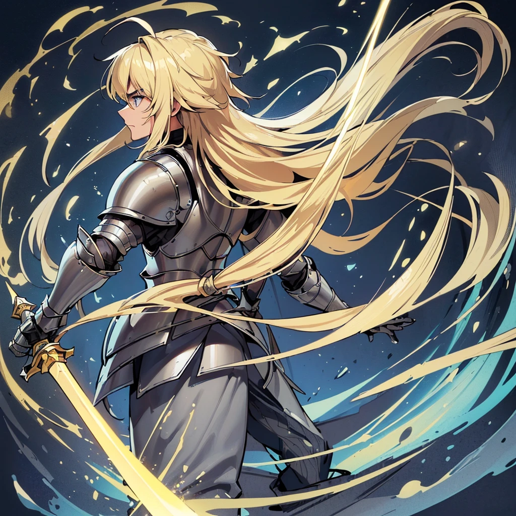 ((((Solo))))、Highest quality, Best Quality, Best illustrations, (((Grey Armor)))、(((Blond long hair man、Long-haired man、male、24-years-old、Cool guy)))、(Medieval Knight)、(Navy blue trousers)、(get annoyed)、Glowing blue aura、(Grab the glowing yellow sword、Ready your sword)、Fighting stance、Movement angle、(From the back、Back view、back view)