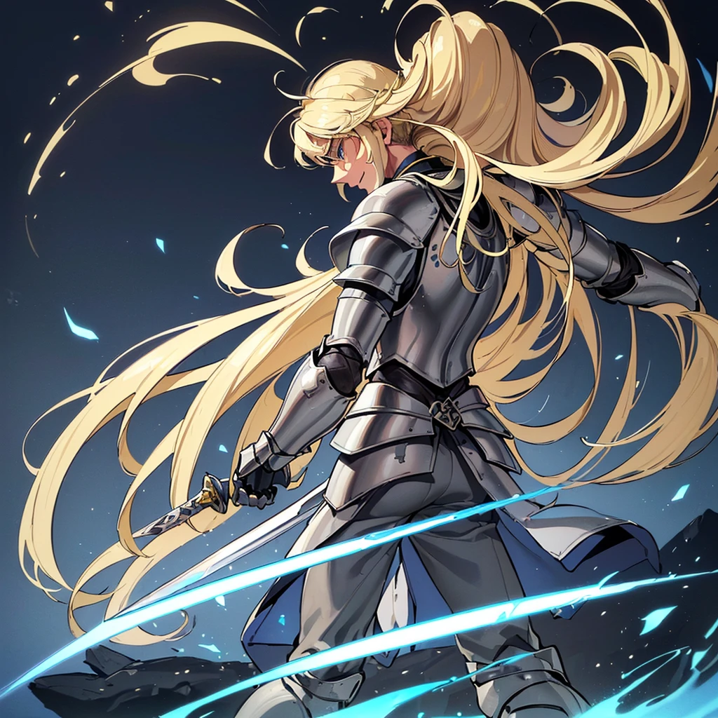 ((((Solo))))、Highest quality, Best Quality, Best illustrations, (((Grey Armor)))、(((Blond long hair man、Long-haired man、male、24-years-old、Cool guy)))、(Medieval Knight)、(Navy blue trousers)、(get annoyed)、Glowing blue aura、(Grab the glowing yellow sword、Ready your sword)、Fighting stance、Movement angle、(From the back、Back view、back view)