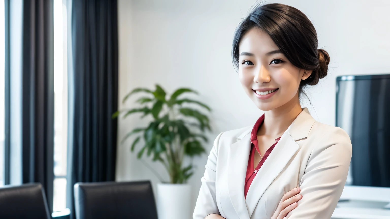 Young asian woman, professional entrepreneur standing in office clothing, smiling and looking confident, white background