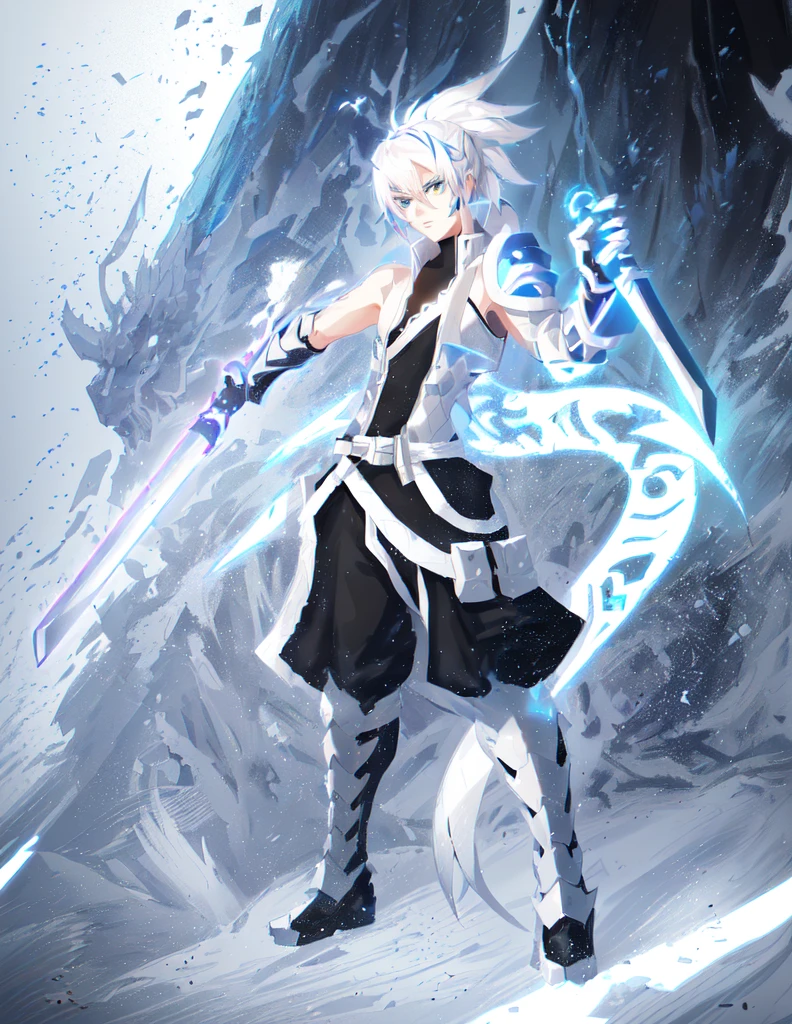 drawing of a androgynous young human man with a 2 katanas,, ninja, long ponytail, kilua zoldyck , kakashi, gojo, an anime drawing, art style of borderlands, detailed fanart, hero 2 d fanart artsation, ( ( character concept art ) ), anime drawing, game art!!, with out shading, anime shading), dramatic wielding sword pose, anime shading, white hair, glowing blue eyes, pale skin, black ninja trousers, blue jacket, metallic accents, dragon scale grieves, dragon scale right vambrace, clawed gauntlet on left hand, 