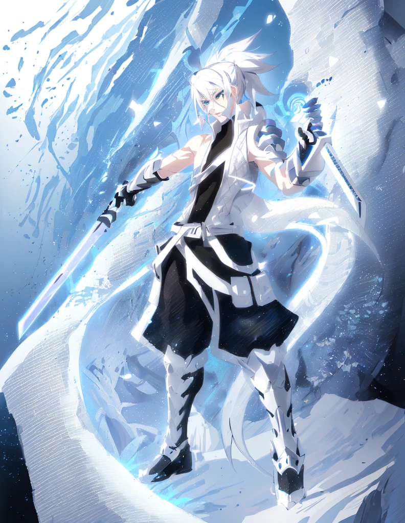 drawing of a androgynous young human man with a 2 katanas,, ninja, long ponytail, kilua zoldyck , kakashi, gojo, an anime drawing, art style of borderlands, detailed fanart, hero 2 d fanart artsation, ( ( character concept art ) ), anime drawing, game art!!, with out shading, anime shading), dramatic wielding sword pose, anime shading, white hair, glowing blue eyes, pale skin, black ninja trousers, blue jacket, metallic accents, dragon scale grieves, dragon scale right vambrace, clawed gauntlet on left hand, 