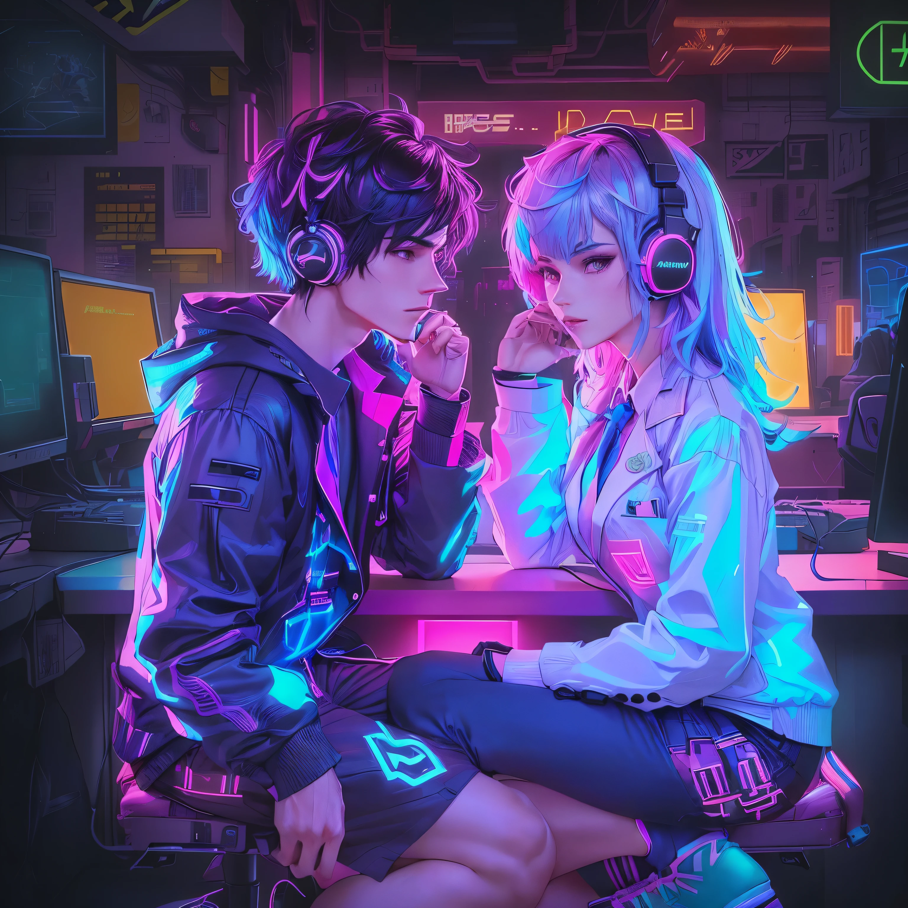Anime-style digital artwork featuring two characters in a neon-lit room. The layout is centered with the characters in the foreground. The male character has short, dark hair, fair skin, with a stronger jawline, wearing a gaming headphone and a with a , blazer, tie, and a flower pin. The female character has short grey pixie cut hair, fair skin, and is wearing a  with a blazer and tie, along with large headphones. Behind them, there is a neon sign that reads 'Hack my Heart' in pink and blue colors. The background includes various digital screens and a bar with a drink. The overall color scheme is vibrant with a focus on neon pink and blue hues.