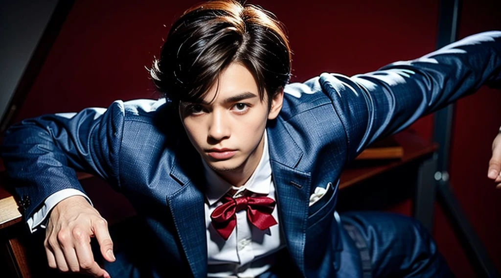 22 year old young man, Kudo Shinichi, blue suit jacket, White shirt, Red bow,