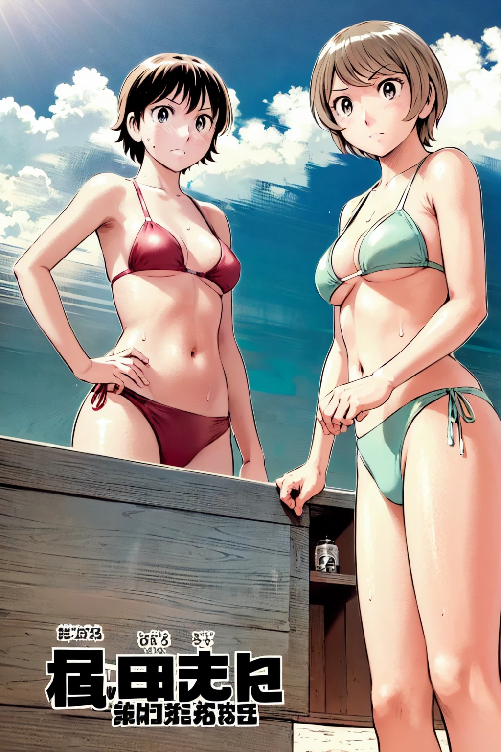 、(masterpiece、Highest quality)、Highest quality, Ultra-high resolution, (((masterpiece))), alone, Sweat、Big eyes, Composition from the front、Shortcuts、Embarrassed face、Bronze colored hair、Cut your hair short、Ocean、beach、Black Micro Bikini、belly button、short hair、(Bronze colored hair)