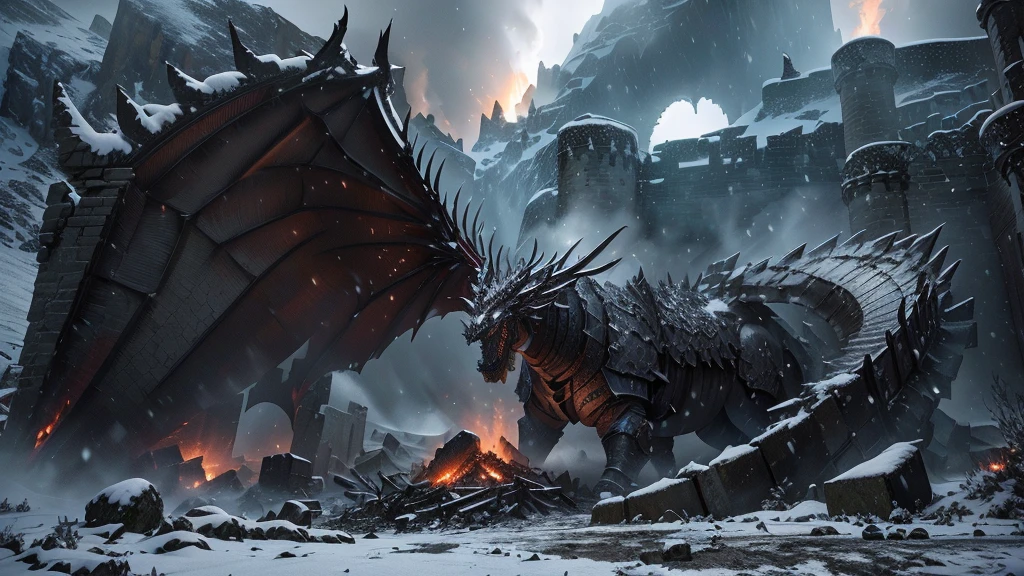 knight confront winter dragon, fire dragon, fire in mouth, ruined castle,debris, dark ,snowy winter,fog, dramatic scene, movie scene, fire, view from below, unreal engine, hyper detailed, volumetric lighting,8K, Ultra-HD, photo realism, cinematic rendering, ray tracing, highest quality