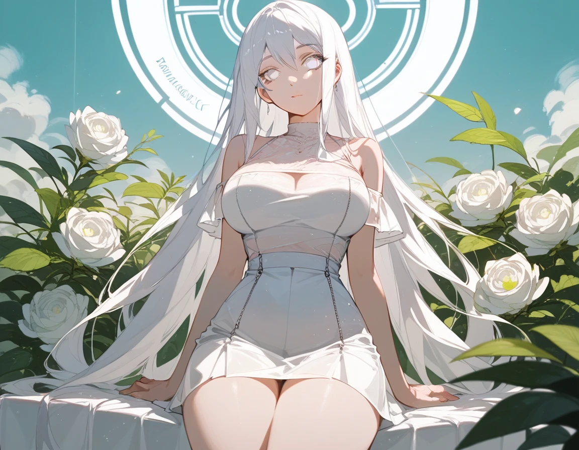 young girl 15 ,, very long hair that touches the ground, platinum ruby hair, iridescent eyes, very slim body , very small breasts, wide hips, lips shining with moisture, dressed in a very transparent white silk that barely covers her body and small breasts, very small young woman and thin , stops in a pasture
