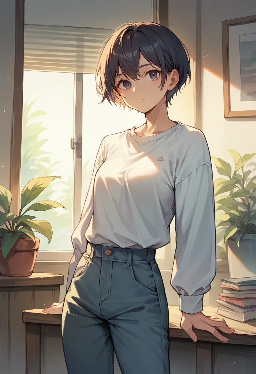 score_9, score_8_up, score_7_up, score_6_up, solo, short hair, shirt, long sleeves, pants, indoors