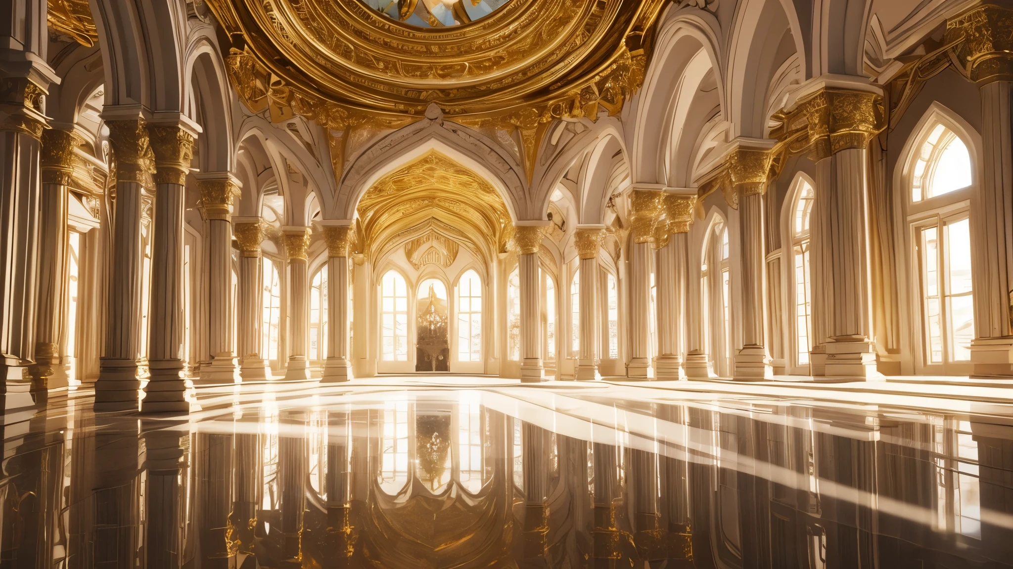 masterpiece, best quality, 8K, Impressive camera. The room was filled with white light, Reflected on the golden decorated walls, Create a magical and enchanting atmosphere.