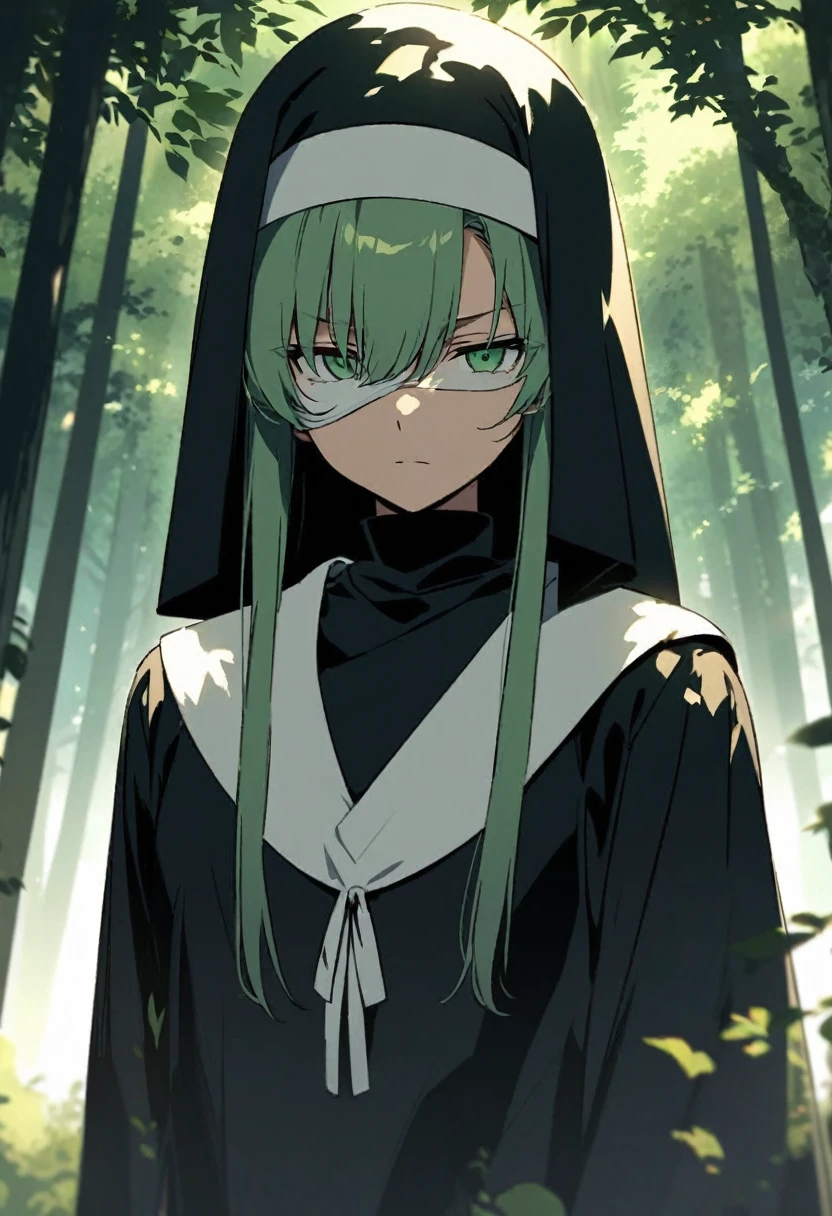 "An anime-style character with green eyes and a serious expression, wearing a black and white outfit that resembles a traditional Japanese nun or ninja uniform. The outfit includes a black robe with a white headband and a white cloth mask covering the lower half of the face, leaving only the eyes visible. The character is standing in a dense forest with tall trees and dappled sunlight filtering through the leaves. The background is lush and green, creating a mysterious and serene atmosphere."