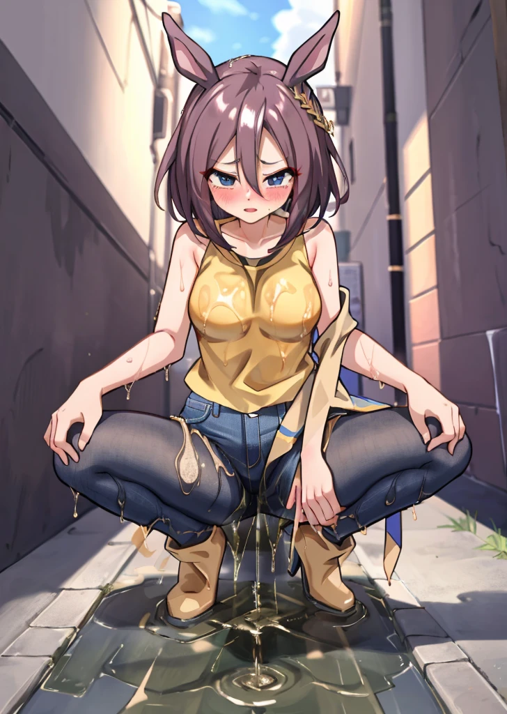 anime, 最high quality, high quality, High resolution, Beautiful woman, High detail, Good lighting, Obscene, transformation, (No nudity), (((Jeans ))), ((Tight leather top)), (((Shiny Pantyhose))), Leather thigh-high boots, Bare abdomen, (Wet shorts), (((Be incontinent))), (((Peeing))), (((Peeing on your own))), (Pee running down my legs), Pee stains, (puddle), (Thick thighs), Nice long legs, lipstick, Detailed face, Pretty face, Clean hands, Embarrassed and blushing face, Humiliated, ((Spread your legs)), (squat), ((In a wide alley)), Heherz