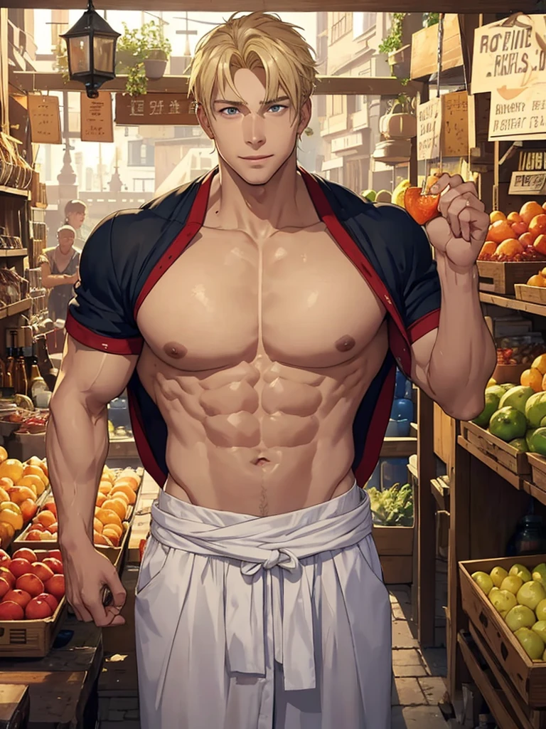 Blond hair man, happy and friendly face, He has a big and strong body., light skin color, shows off his strong torso with his huge pecs, He is a merchant at a fruit stall in a castle market.. The scene is bright.