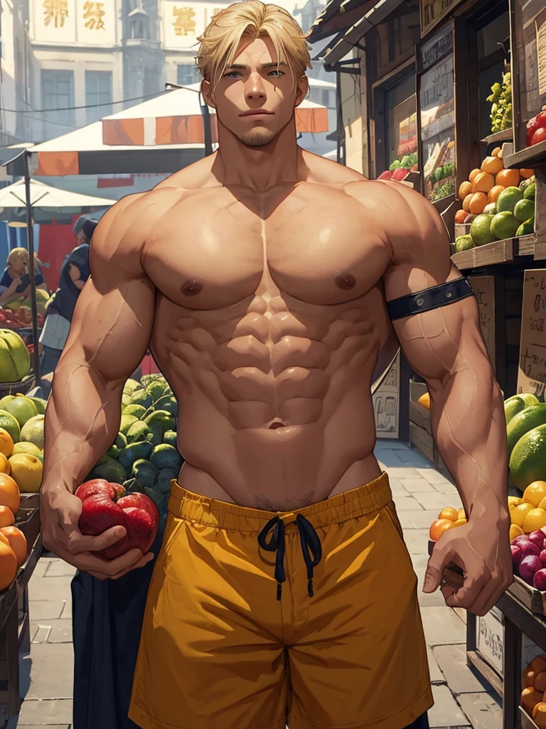 Blond hair man, happy and friendly face, He has a big and strong body., light skin color, shows off his strong torso with his huge pecs, He is a merchant at a fruit stall in a castle market.. The scene is bright.
