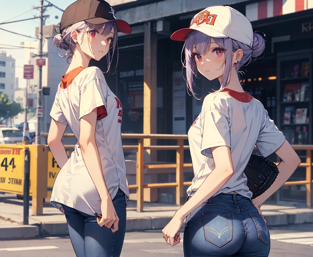 (Close-up:1.3),Realistic,Highest quality, Super detailed, High-quality CG rendering, The most delicate and beautiful, Floating softly, High resolution, (1 girl), (Highest quality,4K,8K,masterpiece:1.2), Light purple hair,(Hair in a bun:1.5),Red eyes,(Pure white oversized short sleeve T-shirt:1.3),(Black skinny jeans:1.3),(Pure white baseball cap:1.3),In the old town,old buildings,(Turn your back to your audience:1.3),