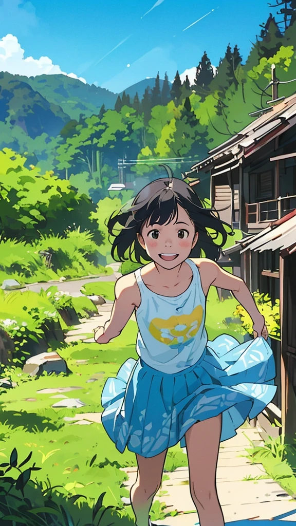 reasonable design, Clear lines, High Sharpness, (highest quality,8K,Perfect sharpness,Ultra fine,High resolution,masterpiece:1.2), Perfect Anatomy:1.5, Official Art, Illustrations that tell a story, (Whitish background:0. 9）、Body Positivity、More Mr.Physical expression、（Random and mischievous poses）、Perfect beauty、Perfect beautiful face、Strong winds、A rich expression、Dynamic composition、smile、Golden ratio composition、colorful、（Mr.Different angles and perspectives）、anime art、mini skirt、（Overcoming stereotypes）、 Glowing Skin、（Natural beauty）、smile、bangs、Straight Hair、（Soft and flowing hair）、（Rural Scenery）、（Nostalgic atmosphere）、Insert up to the thighs、（Playful and carefree）、（More Mr.Ethnic characters）、（innocent attitude）、（Sunny atmosphere）、Skirt flipped up、（Bright colors）、Belly button exposed、Beautiful Eyes、A skirt fluttering in the wind、Put it in to your feet、Some composition patterns、Tank top、sensuous、Geometric pattern、、