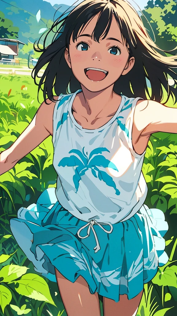reasonable design, Clear lines, High Sharpness, (highest quality,8K,Perfect sharpness,Ultra fine,High resolution,masterpiece:1.2), Perfect Anatomy:1.5, Official Art, Illustrations that tell a story, (Whitish background:0. 9)、Body Positivity、More Mr.Physical expression、(Random and mischievous poses)、Perfect beauty、Perfect beautiful face、Strong winds、A rich expression、Dynamic composition、smile、Golden ratio composition、colorful、(Mr.Different angles and perspectives)、anime art、mini skirt、(Overcoming stereotypes)、 Glowing Skin、(Natural beauty)、smile、bangs、Straight Hair、(Soft and flowing hair)、(Rural Scenery)、(Nostalgic atmosphere)、Insert up to the thighs、(Playful and carefree)、(More Mr.Ethnic characters)、(innocent attitude)、(Sunny atmosphere)、Skirt flipped up、(Bright colors)、Belly button exposed、Beautiful Eyes、A skirt fluttering in the wind、Put it in to your feet、Some composition patterns、Tank top、sensuous、Geometric pattern、、