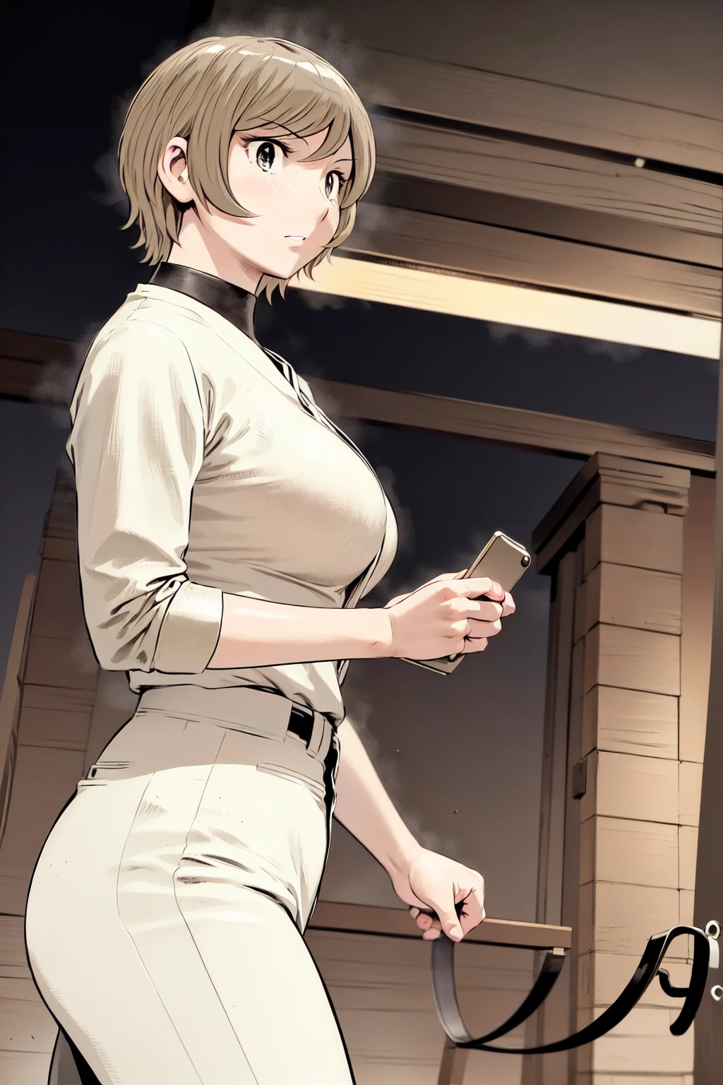 (野球uniform:1.2),
Blonde, (short hair:1.2),Long sleeve, Black Shirt, turtleneck,White trousers、uniform、Black belt、((Illustration of a person))、big 、
View your viewers,, (Highest quality:1.3),One Girl, White pants、uniform、Outdoor、baseball ground、ground、soil、blue eyes、Tight black shirt、(masterpiece、Highest quality)、Highest quality, Ultra-high resolution, (((masterpiece))), alone, big eyes、big Breasts、One Girl, Front view、Embarrassed face、Bronze colored hair、((short hair))、Stand up straight、Cowboy Shot