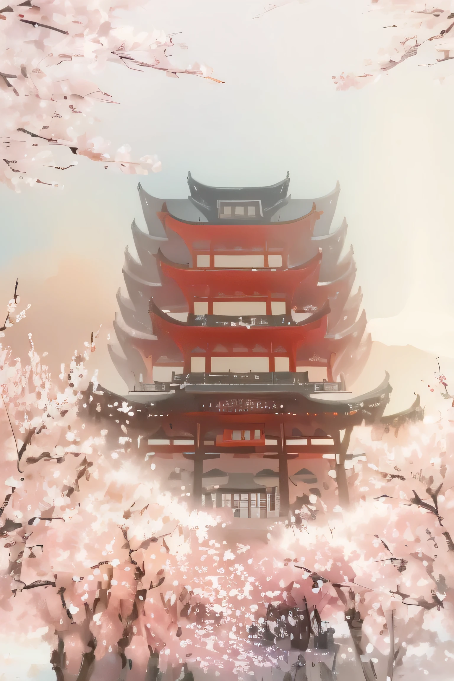 landscape painting,architecture,Elegant,Ink,color,Cherry blossoms