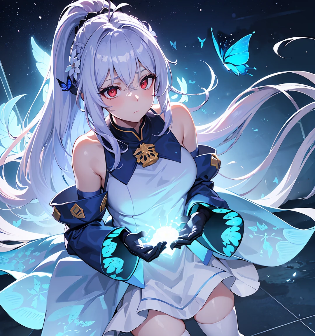 (Overhead view),dynamic angle,ultra-detailed, illustration, close-up, straight on, 1girl, (fantasy:1.4), ((red eyes)),Her eyes shone like dreamy stars,(glowing eyes:1.233),(beautiful and detailed eyes:1.1),(Silver hair:1.14),(messy hair,very long hair, ponytail hair,french braid,hair between eyes,sidelocks), (+(bule hair flower:1.14)),(chiffon dress,bule flower pattern in uniform)/=(military uniform:1.24),(detached sleeves,wide sleeves),(fingerless gloves),choker,(miko thighhighs),High heeled boots,(expressionless,closed mouth),(standing), (classical Princess boudoir with dressing tableand french windowin a white ancient palaces),(white flowers,bloom),(starry sea),(flowing water),(a dull blue world tree:1.14),(ruins),(night:1.2),dreamy,soul,(fluorescence),(flying translucent blue butterflies:1.15), [[delicate fingers and hands:0.55]::0.85],(detail fingers),(yubao:0.5),
