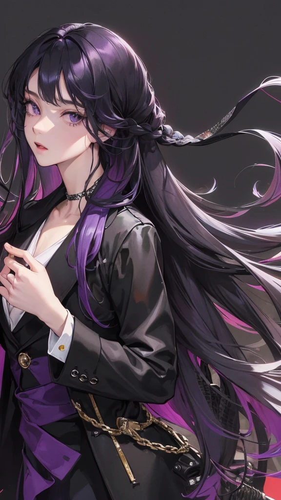 (Top resolution、Distinct_image)top-quality、female 、​masterpiece、highly detailed、Semi-realistic、purple eyes  、18year old、young、cool clothing、Exquisite facial features、Facial features、unique hairstyle, variations, potrait, a bar background,   Black hair , long straight hairstyles, wear black suits, Mafia , yakuza, criminals 