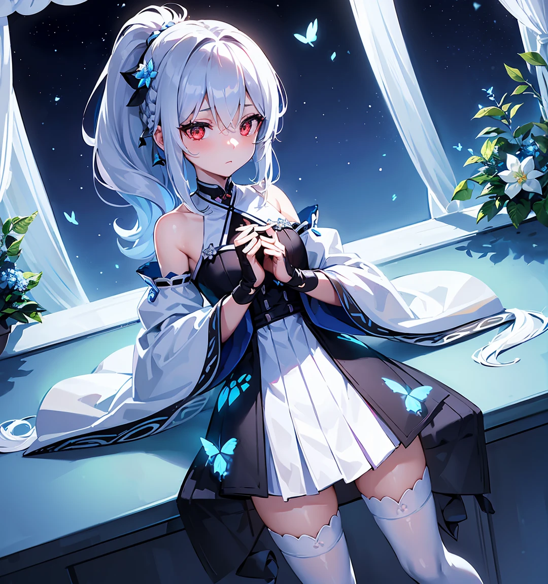 (Overhead view),dynamic angle,ultra-detailed, illustration, close-up, straight on, 1girl, (fantasy:1.4), ((red eyes)),Her eyes shone like dreamy stars,(glowing eyes:1.233),(beautiful and detailed eyes:1.1),(Silver hair:1.14),(messy hair,very long hair, ponytail hair,french braid,hair between eyes,sidelocks), (+(bule hair flower:1.14)),(chiffon dress,bule flower pattern in uniform)/=(military uniform:1.24),(detached sleeves,wide sleeves),(fingerless gloves),choker,(miko thighhighs),High heeled boots,(expressionless,closed mouth),(standing), (classical Princess boudoir with dressing tableand french windowin a white ancient palaces),(white flowers,bloom),(starry sea),(flowing water),(a dull blue world tree:1.14),(ruins),(night:1.2),dreamy,soul,(fluorescence),(flying translucent blue butterflies:1.15), [[delicate fingers and hands:0.55]::0.85],(detail fingers),(yubao:0.5),
