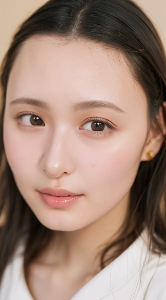  ((Extremely precise and accurate anatomy:1.0)), (Highest quality realistic skin textures:1.6),Round face shape、Soft impression,Big eyes、Natural facial expression that looks like blinking,Double eyelid and eyelash detail,
Thin eyebrows、眉毛はNatural Shape、Eyebrows above the eyes、Natural eyebrow arch、eyes are shining brightly、The eyes look lively、Pupil size and color are natural、Eyes contribute to an attractive appearance、Natural shadows and highlights around the eyes、Expressing the three-dimensional effect around the eyes、Fine lines around the eyes and eyelid creases、Achieve a realistic look、The mouth is soft, Smiling face、Plump lips、Lips are natural color、Beautiful teeth alignment、Natural Shape、laughing、The corners of the mouth turn up、Elegant smile、Makes skin smooth and radiant、Skin texture is natural、Moderate expression of pores and fine wrinkles、Healthy skin color、Add natural shadows and highlights to the skin for a three-dimensional look、Natural skin tone、Skin appears healthier and brighter、Considering shadows and lighting conditions from light sources、Expressing the three-dimensionality of the face from the light source、The light source envelopes the entire face in soft light.、The light source creates natural shadows、Use light reflections and highlights、Enhances skin radiance and eye brightness、The background is simple、Choose colors and patterns that complement your facial features、No obstructions around the face、Background color and brightness、Adjusting your face to enhance it、