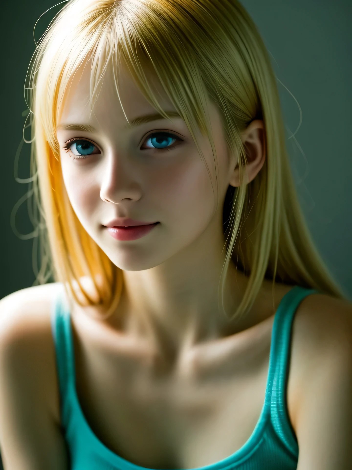 (Photo Real:1.4), (hyper realisitic:1.4), (Smooth lighting:1.05), 1 girl, teenager, blue eyes, happy, shy, smile, (looking away:1.2), Close-up of the face, Soft lighting, Back lighting, (Finest Real Textured Skins), Super fine face, glowy skin, retinas, Anatomically correct, (Blonde medium hair:1.1), bangs, Textured skin, High quality, high details, Best Quality, High resolution, green tank top