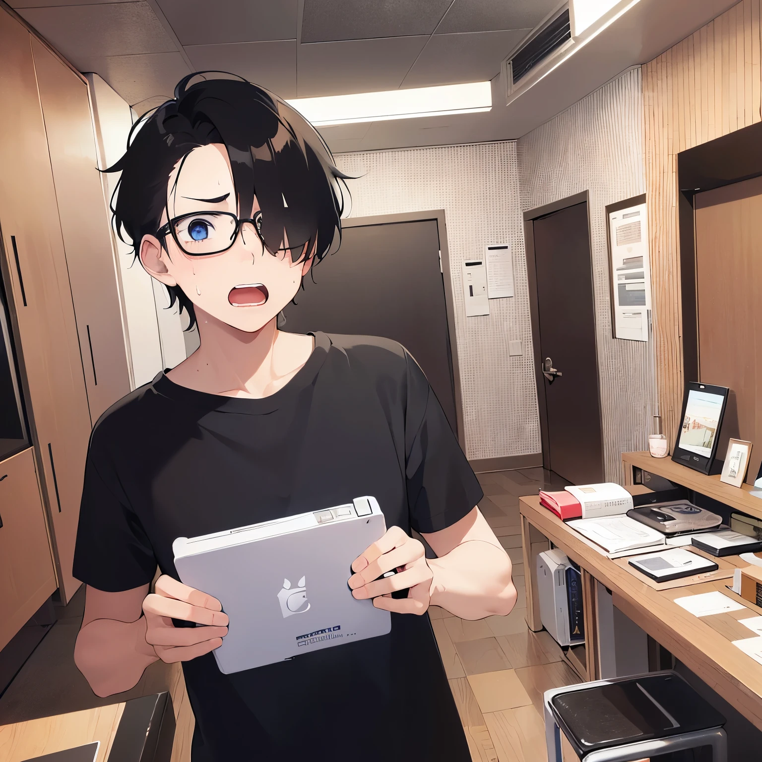 hand up, plastic frame eyewear、upper body、shiny skin, masterpiece、Highest quality、(25-year-old male:1.5) and (Black short hair) and (blue eyes), Hair over one eye, (Black T-shirt)、(surprised:1.5), (sweat:1.3), The background is the living room、(Alone:1.5)、Are standing