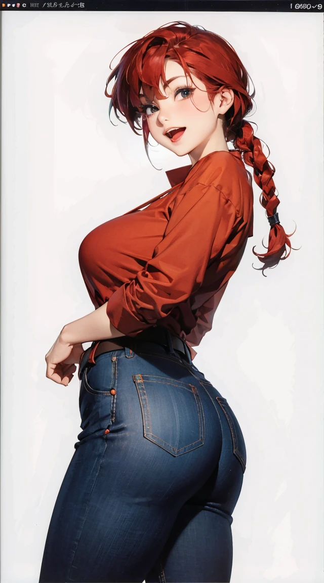 (8k, Foto RAW, La mejor calidad, Obra maestra:1.2), Ranma Chan, Ranma Red Shirt, red hair, braided belt, blue pants, martial art
　　RanmaChan, cabello rojo, Cabello con trenza, ojos azules, ojos detallados, cuerpo completo, pose open door   masterpiece, ultra quality, Beautiful detailed, extremely detailed,16K, exquisite, absurdity, highres, Beautiful background, Beautiful eye, Beautiful skin, anime style, 1girl, solo, looking at viewer, upper body focus, :1.5))), huge breasts, big ass, red_hair, single braids BREAK Ranma red_shirt, ranma black_pants, Black_kung fu_shoes BREAK cameltoe, cheeky smile, wide open mouth, double teeth, 