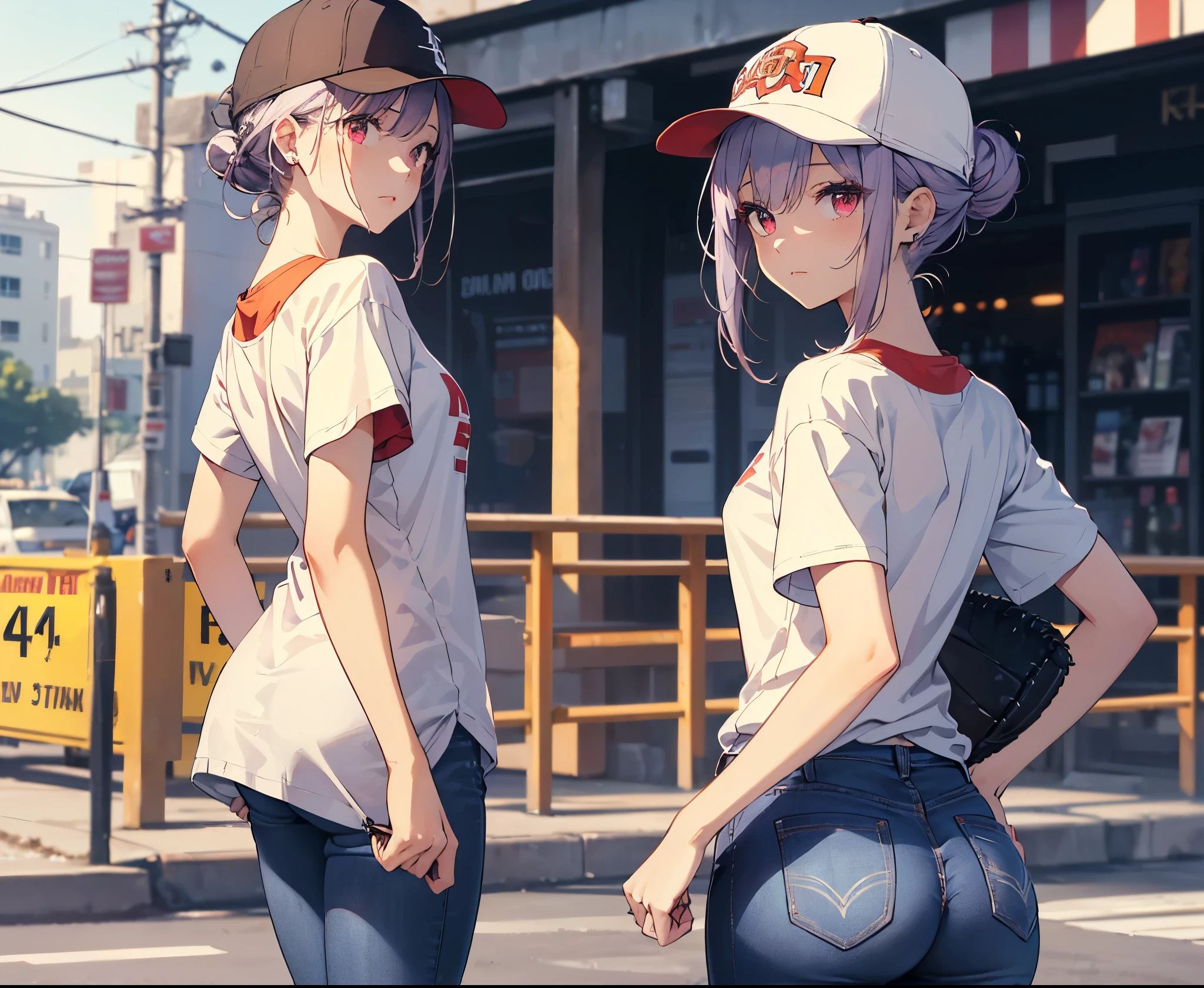 (Close-up:1.3),Realistic,Highest quality, Super detailed, High-quality CG rendering, The most delicate and beautiful, Floating softly, High resolution, (1 girl), (Highest quality,4K,8K,masterpiece:1.2), Light purple hair,(Hair in a bun:1.5),Red eyes,(Pure white oversized short sleeve T-shirt:1.3),(Black skinny jeans:1.3),(Pure white baseball cap:1.3),In the old town,old buildings,(Turn your back to your audience:1.3),Butt
