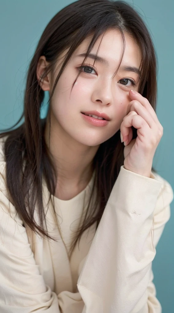  ((Extremely precise and accurate anatomy:1.0)), (Highest quality realistic skin textures:1.6),Round face shape、Soft impression,Big eyes、Natural facial expression that looks like blinking,Double eyelid and eyelash detail,
Thin eyebrows、眉毛はNatural Shape、Eyebrows above the eyes、Natural eyebrow arch、eyes are shining brightly、The eyes look lively、Pupil size and color are natural、Eyes contribute to an attractive appearance、Natural shadows and highlights around the eyes、Expressing the three-dimensional effect around the eyes、Fine lines around the eyes and eyelid creases、Achieve a realistic look、The mouth is soft, Smiling face、Plump lips、Lips are natural color、Beautiful teeth alignment、Natural Shape、laughing、The corners of the mouth turn up、Elegant smile、Makes skin smooth and radiant、Skin texture is natural、Moderate expression of pores and fine wrinkles、Healthy skin color、Add natural shadows and highlights to the skin for a three-dimensional look、Natural skin tone、Skin appears healthier and brighter、Considering shadows and lighting conditions from light sources、Expressing the three-dimensionality of the face from the light source、The light source envelopes the entire face in soft light.、The light source creates natural shadows、Use light reflections and highlights、Enhances skin radiance and eye brightness、The background is simple、Choose colors and patterns that complement your facial features、No obstructions around the face、Background color and brightness、Adjusting your face to enhance it、