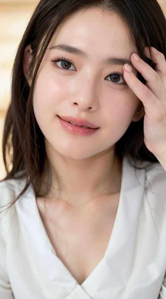 ((Extremely precise and accurate anatomy:1.0)), (Highest quality realistic skin textures:1.6),Round face shape、Soft impression,Big eyes、Natural facial expression that looks like blinking,Double eyelid and eyelash detail,
Thin eyebrows、眉毛はNatural Shape、Eyebrows above the eyes、Natural eyebrow arch、eyes are shining brightly、The eyes look lively、Pupil size and color are natural、Eyes contribute to an attractive appearance、Natural shadows and highlights around the eyes、Expressing the three-dimensional effect around the eyes、Fine lines around the eyes and eyelid creases、Achieve a realistic look、The mouth is soft, Smiling face、Plump lips、Lips are natural color、Beautiful teeth alignment、Natural Shape、laughing、The corners of the mouth turn up、Elegant smile、Makes skin smooth and radiant、Skin texture is natural、Moderate expression of pores and fine wrinkles、Healthy skin color、Add natural shadows and highlights to the skin for a three-dimensional look、Natural skin tone、Skin appears healthier and brighter、Considering shadows and lighting conditions from light sources、Expressing the three-dimensionality of the face from the light source、The light source envelopes the entire face in soft light.、The light source creates natural shadows、Use light reflections and highlights、Enhances skin radiance and eye brightness、The background is simple、Choose colors and patterns that complement your facial features、No obstructions around the face、Background color and brightness、Adjusting your face to enhance it、