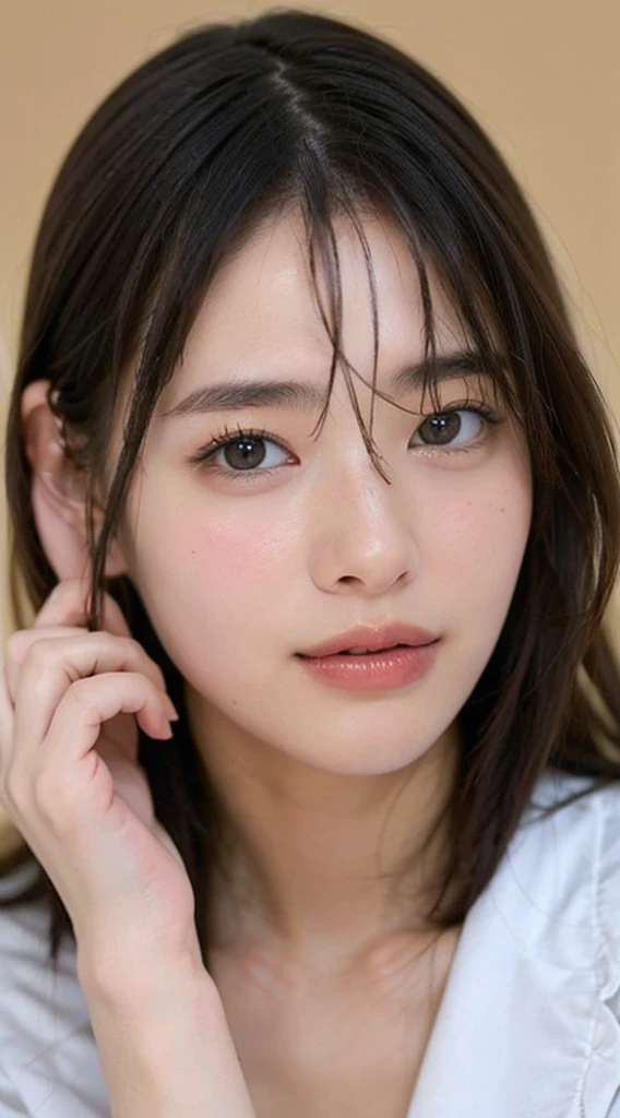 ((Extremely precise and accurate anatomy:1.0)), (Highest quality realistic skin textures:1.6),Round face shape、Soft impression,Big eyes、Natural facial expression that looks like blinking,Double eyelid and eyelash detail,
Thin eyebrows、眉毛はNatural Shape、Eyebrows above the eyes、Natural eyebrow arch、eyes are shining brightly、The eyes look lively、Pupil size and color are natural、Eyes contribute to an attractive appearance、Natural shadows and highlights around the eyes、Expressing the three-dimensional effect around the eyes、Fine lines around the eyes and eyelid creases、Achieve a realistic look、The mouth is soft, Smiling face、Plump lips、Lips are natural color、Beautiful teeth alignment、Natural Shape、laughing、The corners of the mouth turn up、Elegant smile、Makes skin smooth and radiant、Skin texture is natural、Moderate expression of pores and fine wrinkles、Healthy skin color、Add natural shadows and highlights to the skin for a three-dimensional look、Natural skin tone、Skin appears healthier and brighter、Considering shadows and lighting conditions from light sources、Expressing the three-dimensionality of the face from the light source、The light source envelopes the entire face in soft light.、The light source creates natural shadows、Use light reflections and highlights、Enhances skin radiance and eye brightness、The background is simple、Choose colors and patterns that complement your facial features、No obstructions around the face、Background color and brightness、Adjusting your face to enhance it、