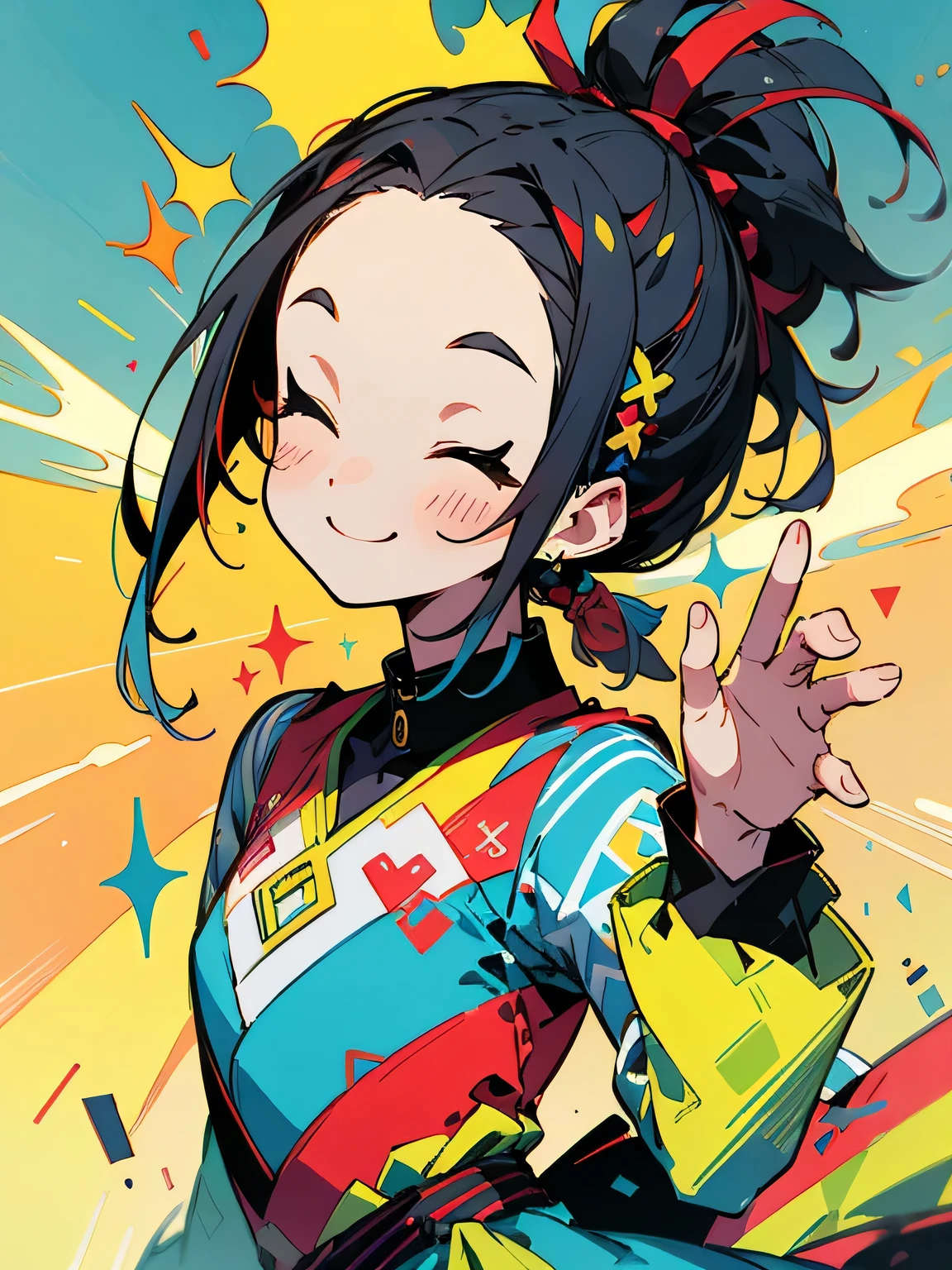 sideview,(looking at viewer),solo,multicolor blue red ponytail hair,big forehead, Enchanting chest, closed eyes smile, Summer attractive Stylish colorful flare dress,(jumping pose), resort, cute image design background,close up face,