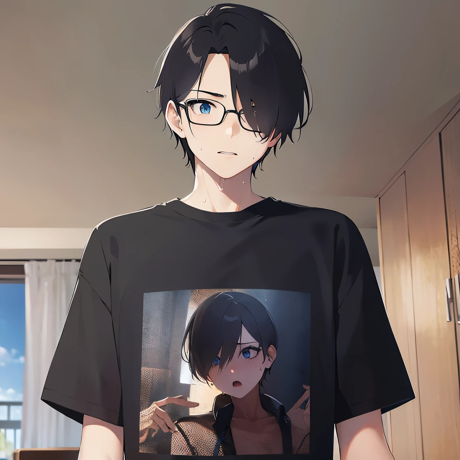 side angle, hand up, plastic frame eyewear、upper body、shiny skin, masterpiece、Highest quality、(25-year-old male:1.5) and (Black short hair) and (blue eyes), Hair over one eye, (Black T-shirt)、(surprised:1.5), (sweat:1.3), The background is the living room、(Alone:1.5)、Are standing