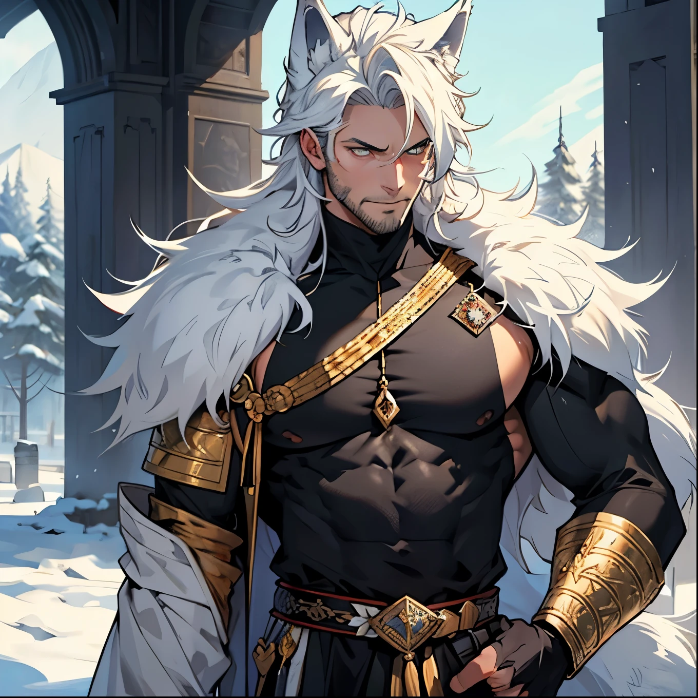 mature,rugged,stubble,serious,royal,royal grab,in snow,rugged charm+human skin! No fur + normal human body + normal human hands + short white, messy hair+ wolfish Golden eyes + fair skin + muscular body with very well defined muscles. + he has two white wolf ears on his head. + He has a white, fluffy wolf tail down his back.handsome angular face. + 1.97 meters tall+faint stubble,Tattered remnants of his royal garb in black and gold, symbolizing his undying connection to his kingdom and his fall from grace.