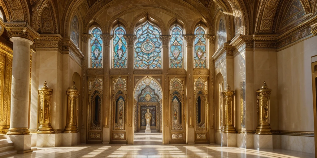 (best quality,4K,8K,high resolution,masterpiece:1.2),Extremely detailed,(Practical,photoPractical,photo-Practical:1.37),Magnificent temple,Expanded,Spectacular temples,Magnificent buildings,Gorgeous Greek style,Gorgeous golden statue,gleaming marble floors,Luxury vases and rugs,majestic atmosphere,Sunlight shines through the stained glass windows,Bright colors,Majestic,Charming beauty,Amazing craftsmanship,Peaceful and tranquil atmosphere,grand scale,Symmetrical design,Exhaustive details,Impressive pillars,Evoke a sense of divinity,Sparkling chandeliers,Ethereal sculpture,The mottled shadows of the arched doorway,Sunny courtyard and lush garden,Gorgeous tapestries hang on the walls,The whispers echoed in the hall,A perfect combination of artistry and precision,Overwhelming magnificence,Attention to detail,Powerful and sacred breath,exquisite aesthetics,A quiet oasis in the bustling city,A sanctuary of solace.