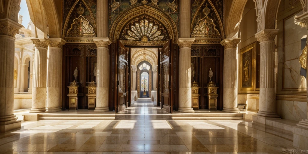 (best quality,4K,8K,high resolution,masterpiece:1.2),Extremely detailed,(Practical,photoPractical,photo-Practical:1.37),Magnificent temple,Expanded,Spectacular temples,Magnificent buildings,Gorgeous Greek style,Gorgeous golden statue,gleaming marble floors,Luxury vases and rugs,majestic atmosphere,Sunlight shines through the stained glass windows,Bright colors,Majestic,Charming beauty,Amazing craftsmanship,Peaceful and tranquil atmosphere,grand scale,Symmetrical design,Exhaustive details,Impressive pillars,Evoke a sense of divinity,Sparkling chandeliers,Ethereal sculpture,The mottled shadows of the arched doorway,Sunny courtyard and lush garden,Gorgeous tapestries hang on the walls,The whispers echoed in the hall,A perfect combination of artistry and precision,Overwhelming magnificence,Attention to detail,Powerful and sacred breath,exquisite aesthetics,A quiet oasis in the bustling city,A sanctuary of solace.