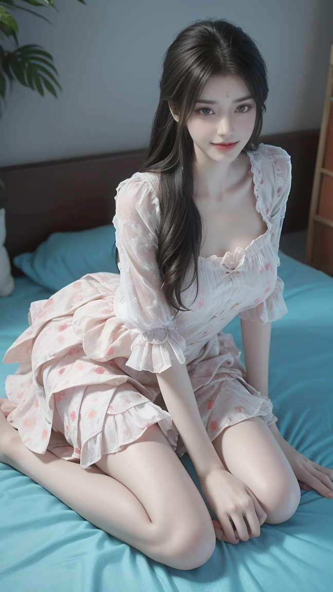 1girl, cheerful girl, carefree and happy, smiling, laughing, The girl is wearing a beautiful dress, the girl's eyes are bright and sparkling, very beautiful, cute and sweet ,The girl is in the bedroom
