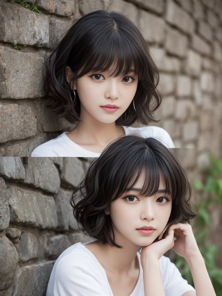 from above,dynamic pose,(Highest quality, Very detailed, masterpiece:1.2), 1 women, Very thin body, length, Thin legs, ((Black wavy short layered cut hair hair:1.2)), ((Thick and fluffy bangs)), Very detailedな顔,A faint smile, small, Thin Nose, small thin mouth, Extremely sharply focused eyes, Japanese, Beautiful Face, Realistic eyes, Beautiful and beautiful eyes, Realistic Skin, Beautiful Skin, charm, (A vivid face), Beautiful Hairstyles,((Over Size Tシャツ)), High resolution, Vibrant color palette, Mysterious and mysterious stone wall, Amazing place,Characteristic dark shadows and strange details,